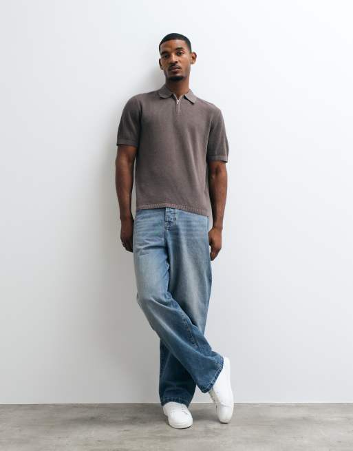 ASOS DESIGN polo en maille pointelle coupe relaxed à demi-zip marron, 3 de 5