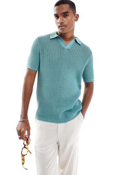 ASOS DESIGN - Polo en maille pointelle légère avec col à encoche - Sarcelle - view 1