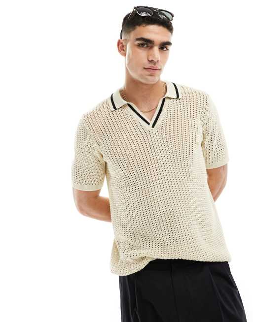 ASOS DESIGN - Polo en maille pointelle légère avec col contrastant à revers et encoche