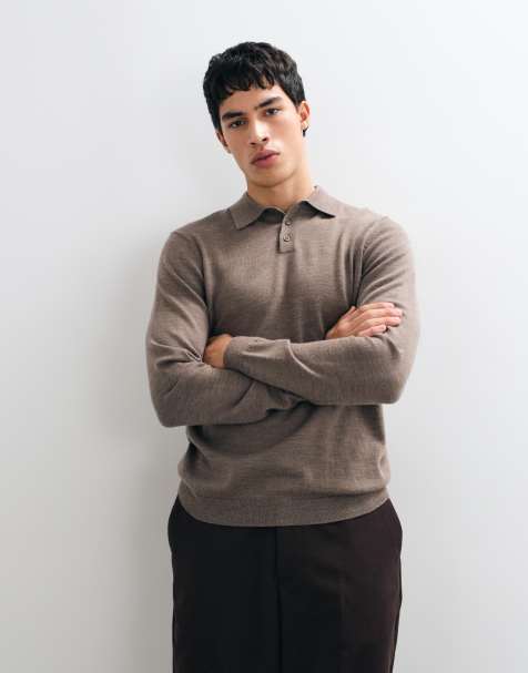 ASOS DESIGN polo en mérinos tricoté à manches longues marron - view 1