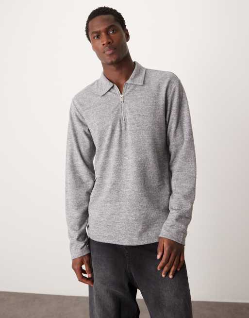 ASOS DESIGN - Polo en tissu brossé côtelé à manches longues et fermeture éclair - Gris chiné, 2 de 4