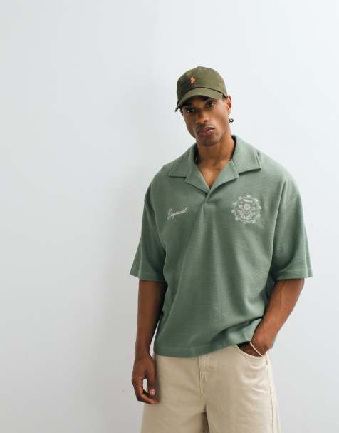 ASOS DESIGN - Polo épais à texture gaufrée et coupe carrée oversize avec imprimé texte - Vert - view 1