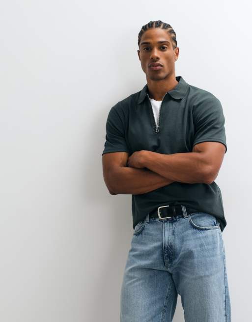 ASOS DESIGN - Polo épais coupe classique en coton mélangé à fermeture éclair - Vert foncé, 3 de 5