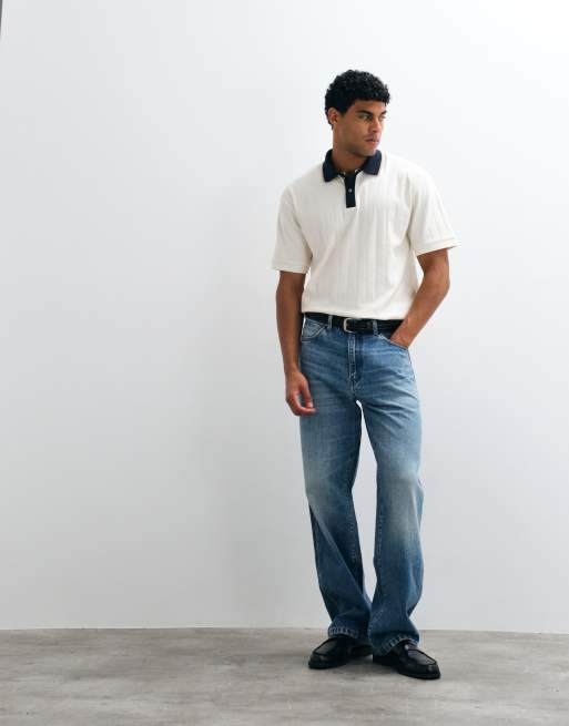 ASOS DESIGN - polo holgado con cuello en contraste en canalé ancho crema, 2 de 5