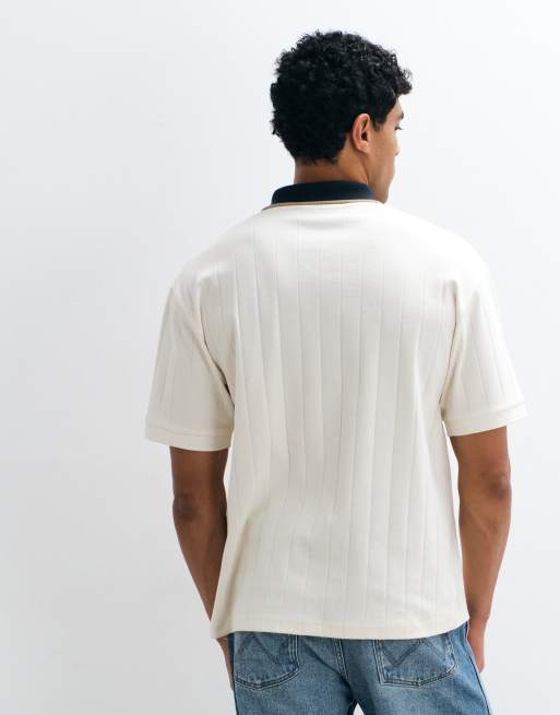 ASOS DESIGN - polo holgado con cuello en contraste en canalé ancho crema, 5 de 5
