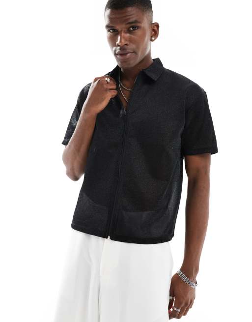 ASOS DESIGN - Polo i sort materiale med lynlås