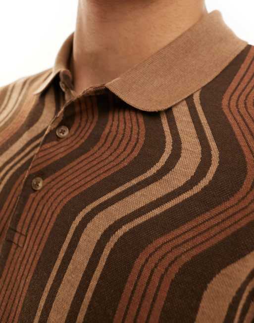 ASOS DESIGN polo in brown and beige wavy stripe