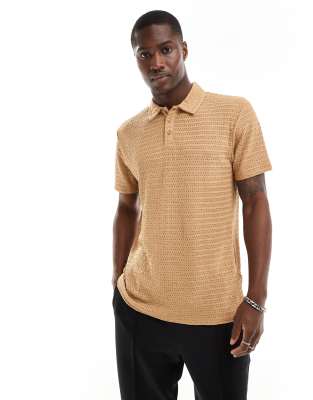 ASOS DESIGN polo in crochet texture-Brown