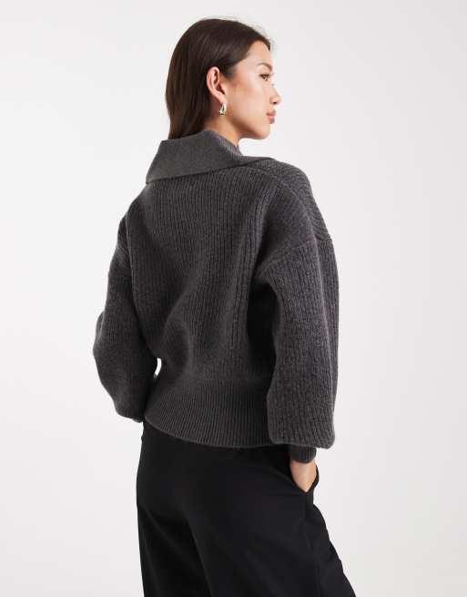 ASOS DESIGN polo in fisherman rib with waisted detail in charcoal