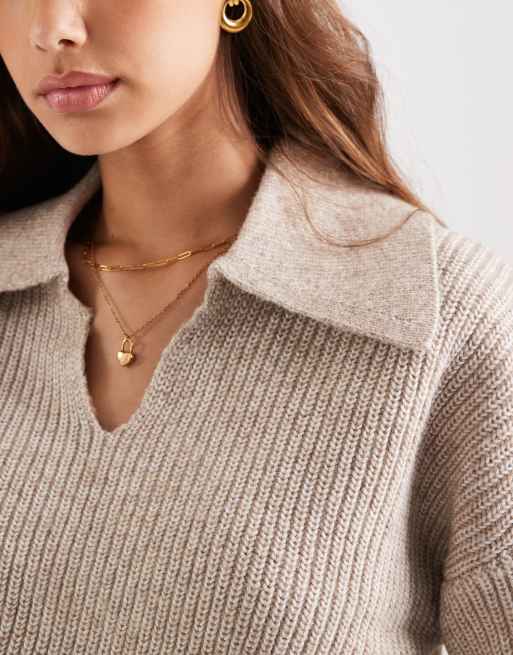ASOS DESIGN polo in fisherman rib with waisted detail in oatmeal