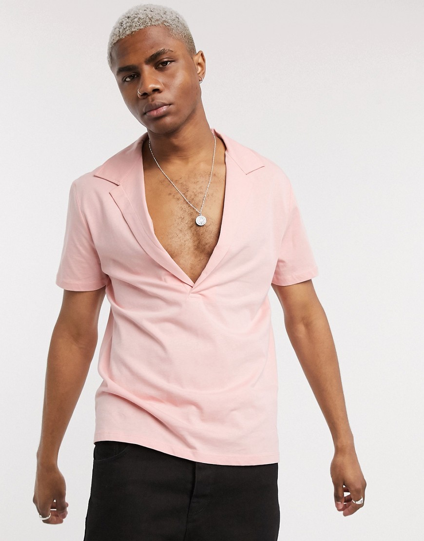 ASOS DESIGN - Polo in jersey rosa con colletto a rever ampio