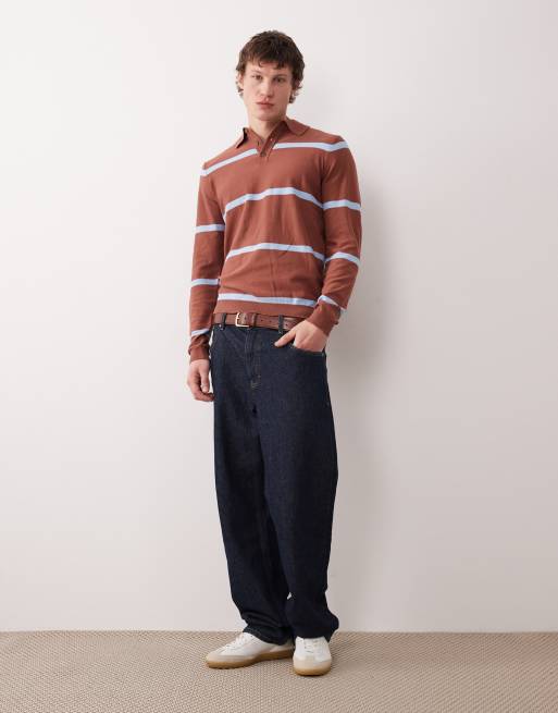 ASOS DESIGN - Polo in maglia a maniche lunghe marrone e blu a righe, 2 di 5