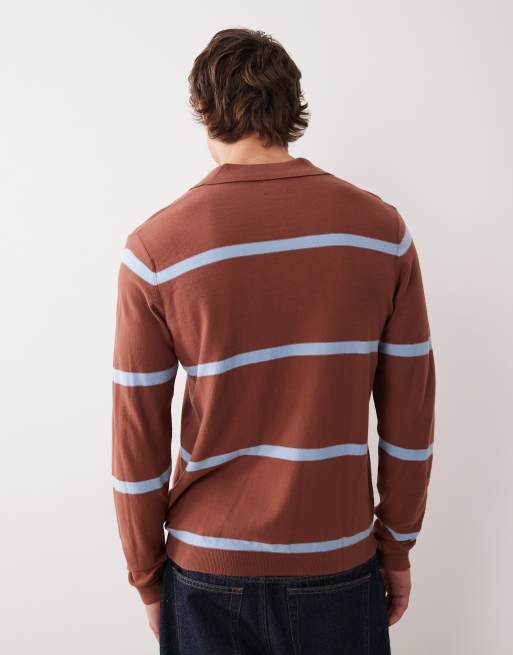 ASOS DESIGN - Polo in maglia a maniche lunghe marrone e blu a righe, 3 di 5
