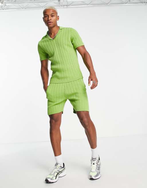 ASOS DESIGN - Polo in maglia a trecce verde in coordinato