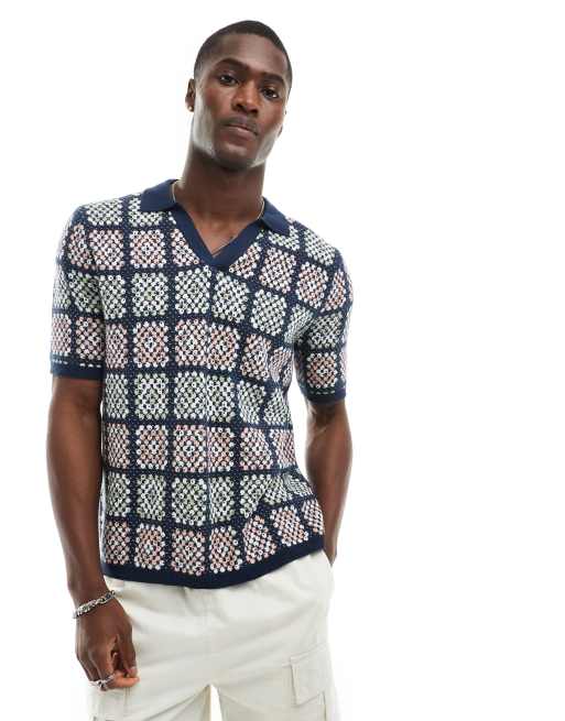 ASOS DESIGN - Polo in maglia all'uncinetto con colletto a rever blu navy, verde salvia e rosa