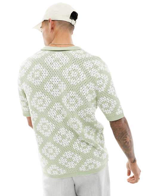 ASOS DESIGN Polo in maglia all'uncinetto verde salvia ed écru