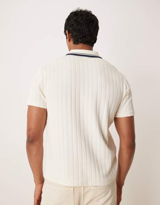 ASOS DESIGN - Polo in maglia beige a coste con colletto con bordo a contrasto , 3 di 4