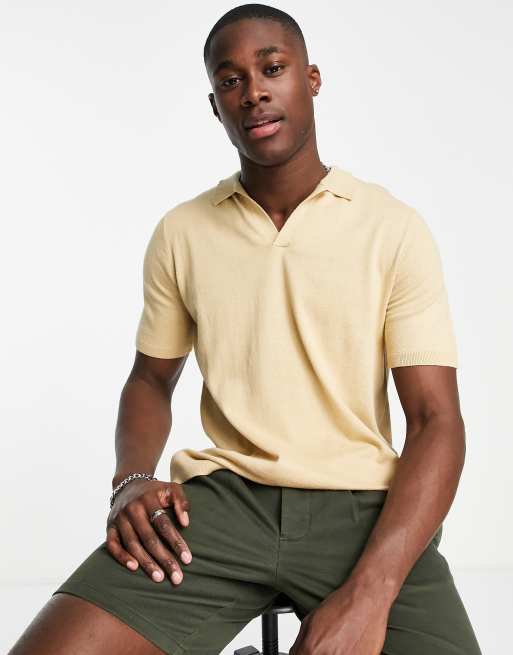 ASOS DESIGN - Polo in maglia beige con intaglio sul collo