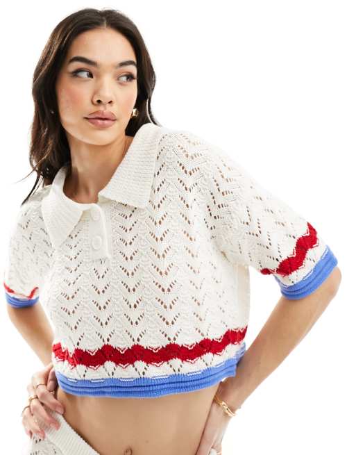 ASOS DESIGN - Polo in maglia bianca con cuciture testurizzate e righe sui bordi in coordinato