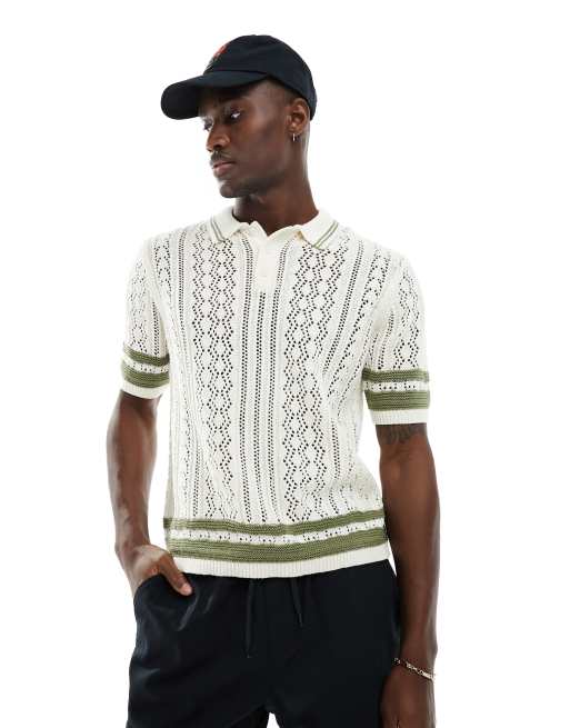 ASOS DESIGN - Polo in maglia bianco sporco taglio corto con righe a contrasto sui bordi