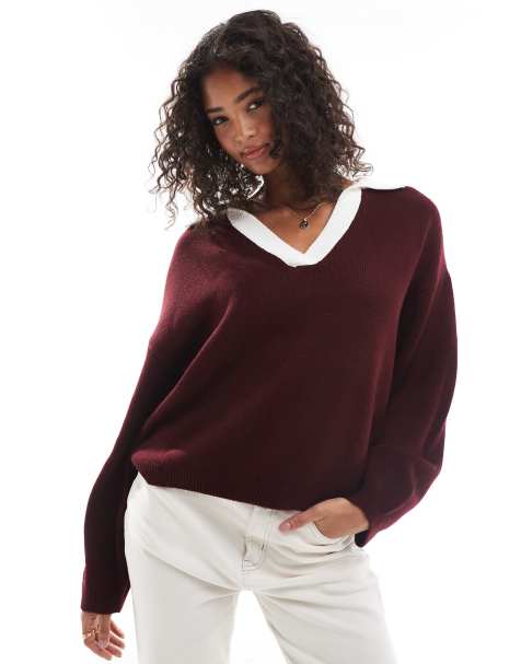 ASOS DESIGN - Polo in maglia bordeaux con intaglio sullo scollo a contrasto - view 1