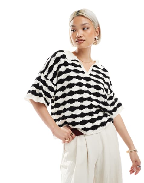 ASOS DESIGN - Polo in maglia comoda a righe monocromatiche con impunture - view 1