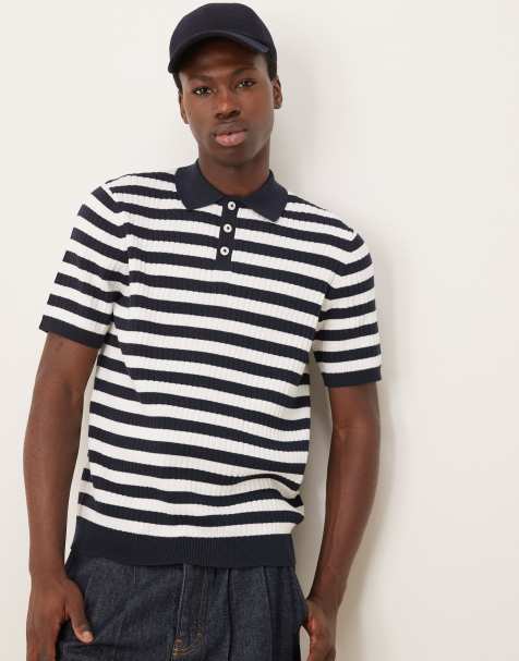 ASOS DESIGN - Polo in maglia con motivo a righe color blu navy e bianco - view 1