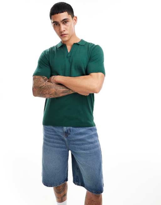 ASOS DESIGN - Polo in maglia di cotone verde intagliata sul collo
