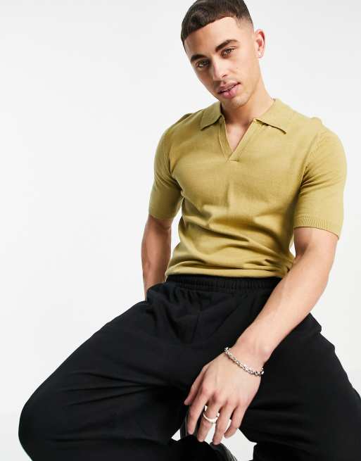 ASOS DESIGN - Polo in maglia di cotone verde kaki intagliata sul collo