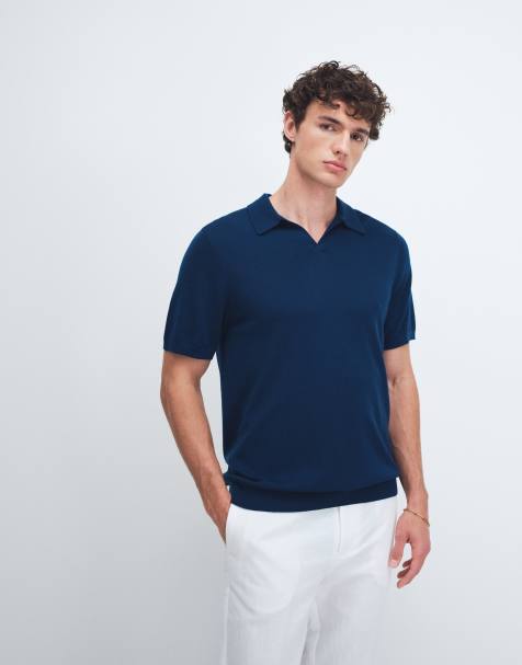 ASOS DESIGN - Polo in maglia di pura lana merino blu navy con intaglio sul collo - view 1