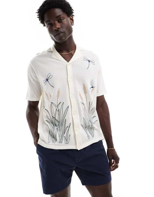 ASOS DESIGN - Polo in maglia écru comoda con bottoni e libellula ricamata