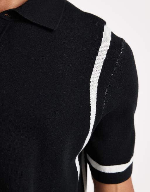 ASOS DESIGN - Polo in maglia nera con pannelli écru, 5 di 5