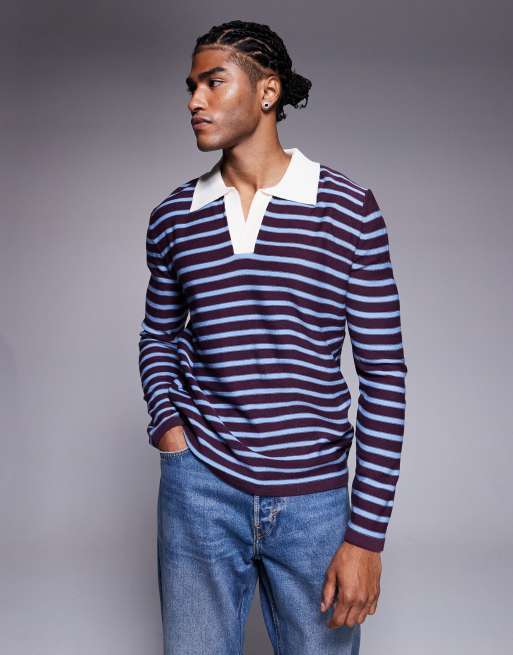 ASOS DESIGN - Polo in maglia rossa e blu a righe con intaglio sul collo