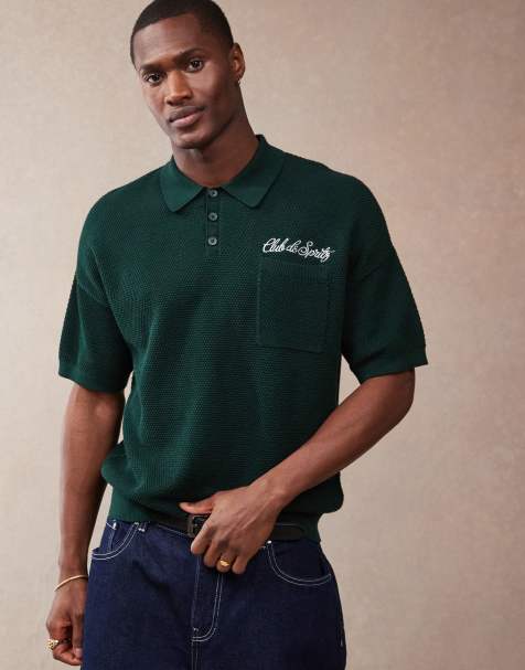 ASOS DESIGN - Polo in maglia squadrata vestibilità comoda verde scuro con tasca sul petto e scritta ricamata - view 1