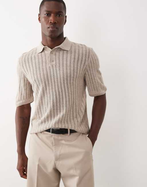 ASOS DESIGN - Polo in maglia traforata color pietra con bottoni