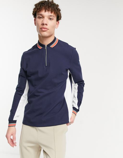 ASOS DESIGN - Polo in piqué a maniche lunghe con colletto con bordo a contrasto color navy
