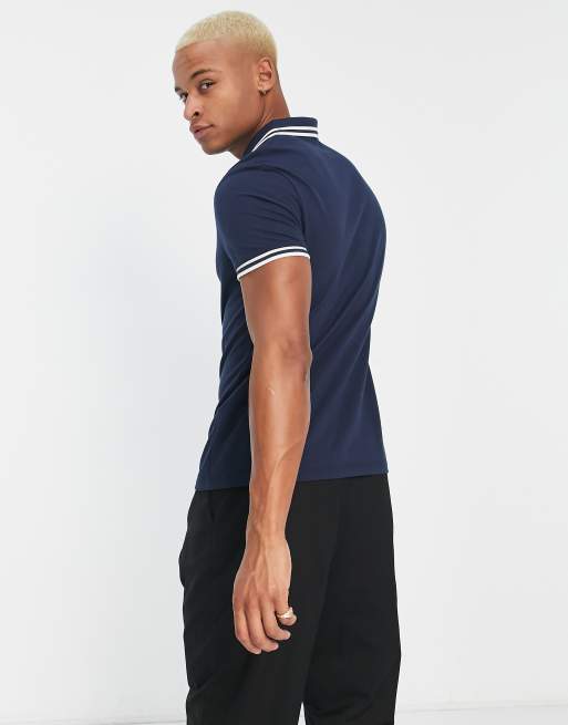 ASOS DESIGN - Polo in piqué blu navy con bordi a contrasto - NAVY, 4 di 4