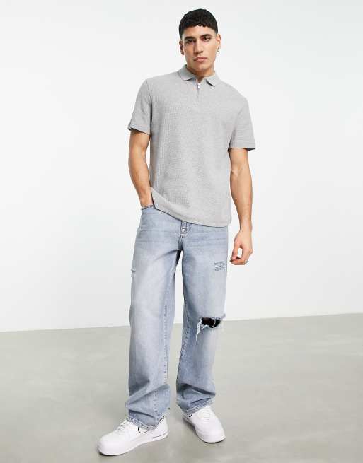 ASOS DESIGN - Polo in tessuto piqué grigio mélange con zip