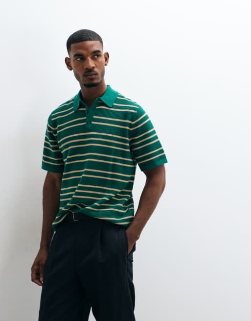 ASOS DESIGN polo lavorata rilassata testurizzata a righe verde e beige, 5 di 5