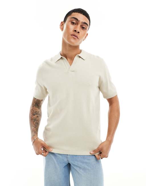ASOS DESIGN - Polo leggera in maglia di cotone color pietra con intaglio sul collo
