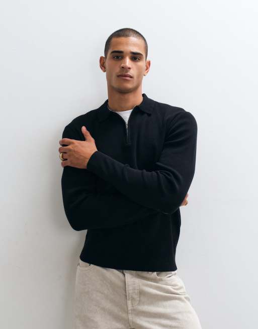 ASOS DESIGN polo leggero in maglia con zip essenziale nero, 4 di 5