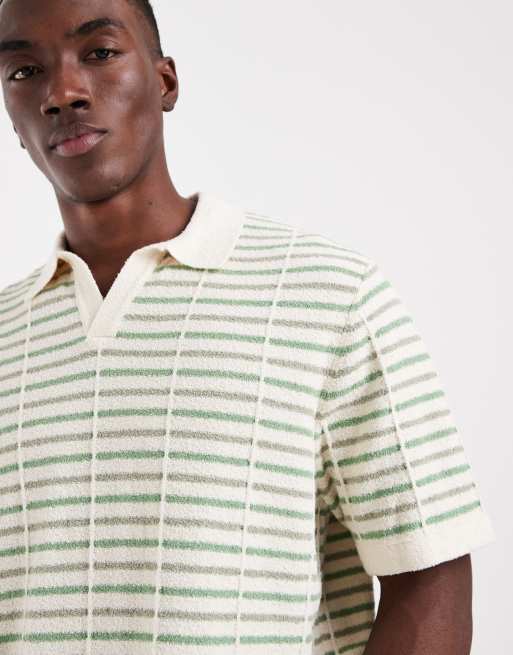 ASOS DESIGN - Polo manches courtes en maille texturée à rayures - Écru et vert, 2 de 5