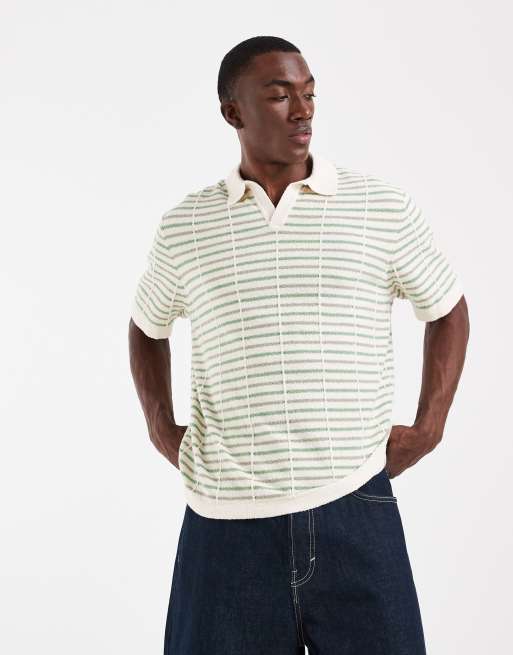 ASOS DESIGN - Polo manches courtes en maille texturée à rayures - Écru et vert, 4 de 5