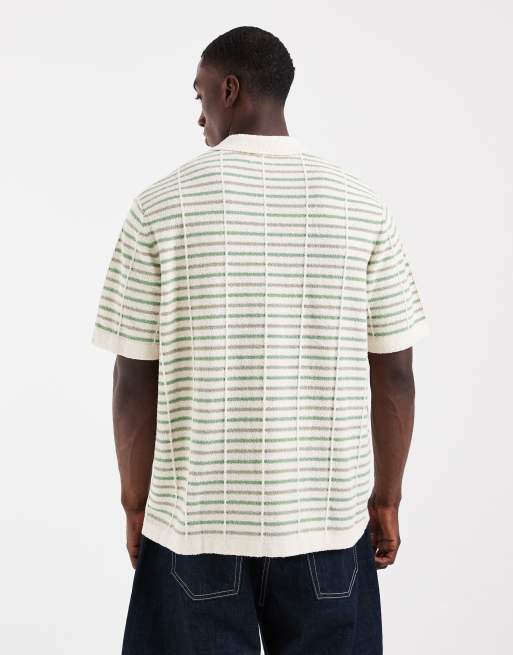 ASOS DESIGN - Polo manches courtes en maille texturée à rayures - Écru et vert, 5 de 5