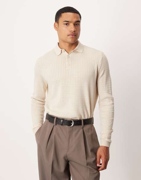 ASOS DESIGN - Polo manches longues en maille texturée - Taupe - view 1