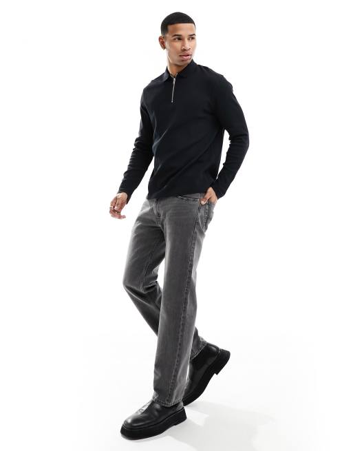 ASOS DESIGN - Polo manches longues en tissu gaufré avec fermeture éclair - Noir, 4 de 4