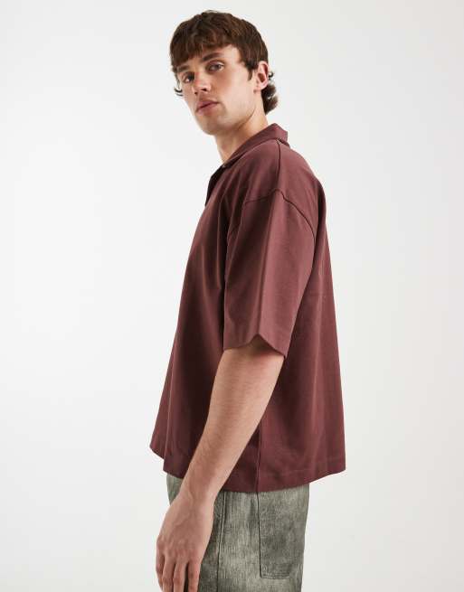 ASOS DESIGN - Polo marrón de corte cuadrado extragrande con cuello de solapas de tejido grueso, 2 de 5