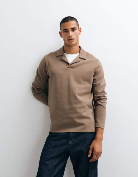 ASOS DESIGN polo med revere-krage och långa ärmar i brunt - view 1