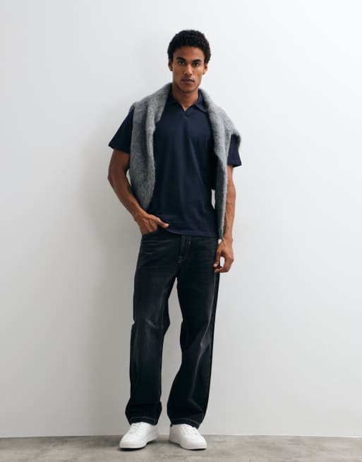 ASOS DESIGN polo med reverskrave i marineblå piqué, 2 af 5