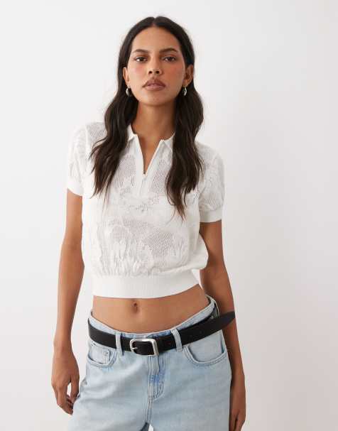 ASOS DESIGN polo met korte mouwen, opengebreid en met bloemenprint, met rits, in crème - view 1